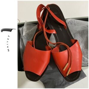 EUC Maiyet leather sandals size 9.5, leather ankle ties with gold tone aglets